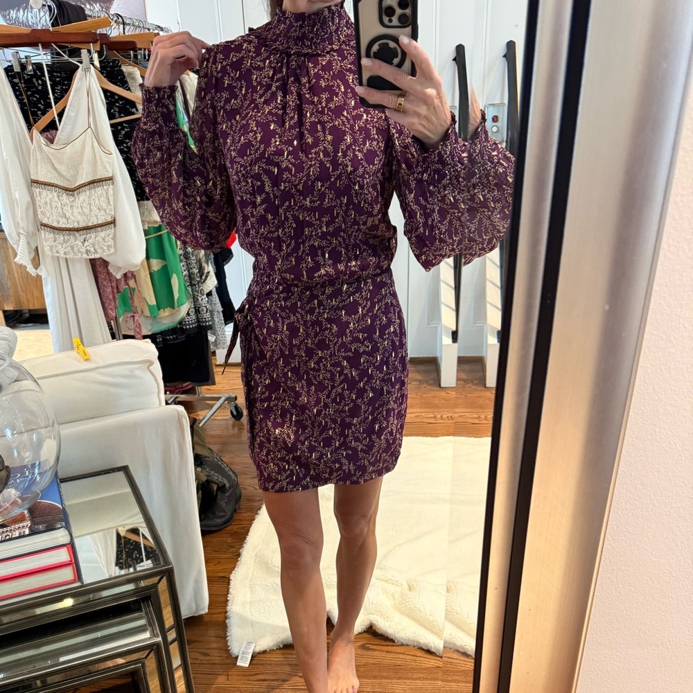 Sezane Plum & Gold Long Sleeve Dress